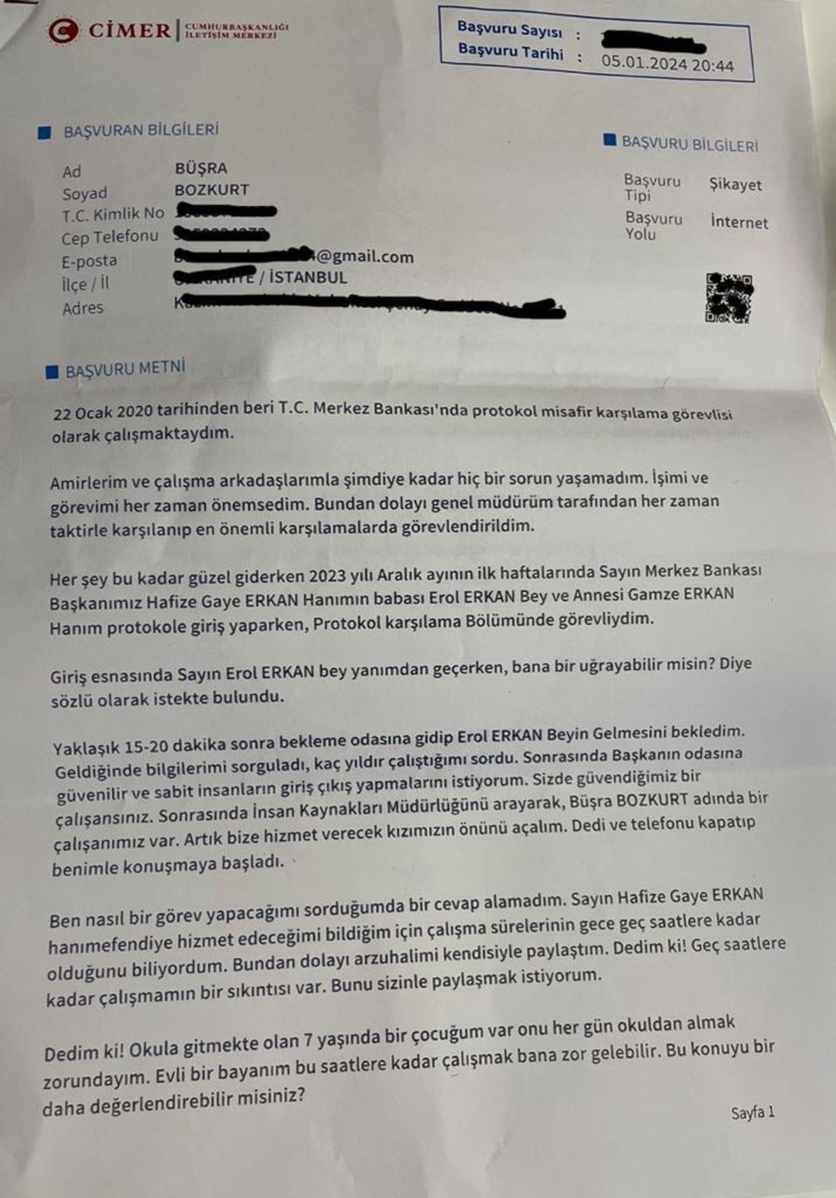 Merkez Bankası çalışanı Büşra Bozkurt CİMER'e şikayet etti
