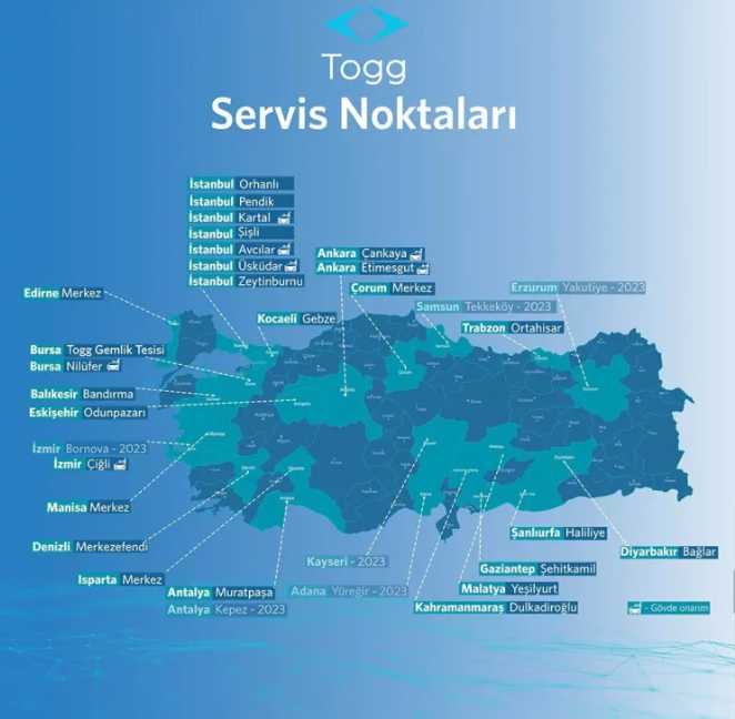 Türkiye Geneli Togg Servis Noktaları