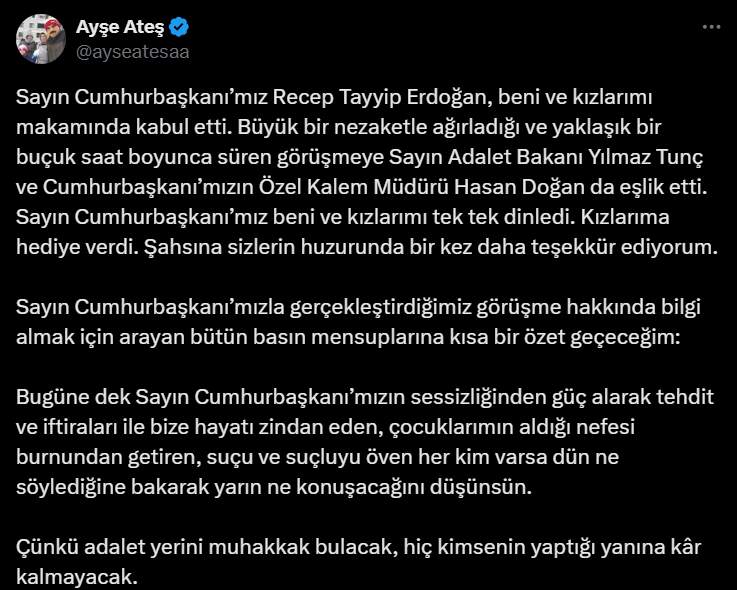 Cumhurbaşkanı Erdoğan Ayşe Ateş'i kabul etti