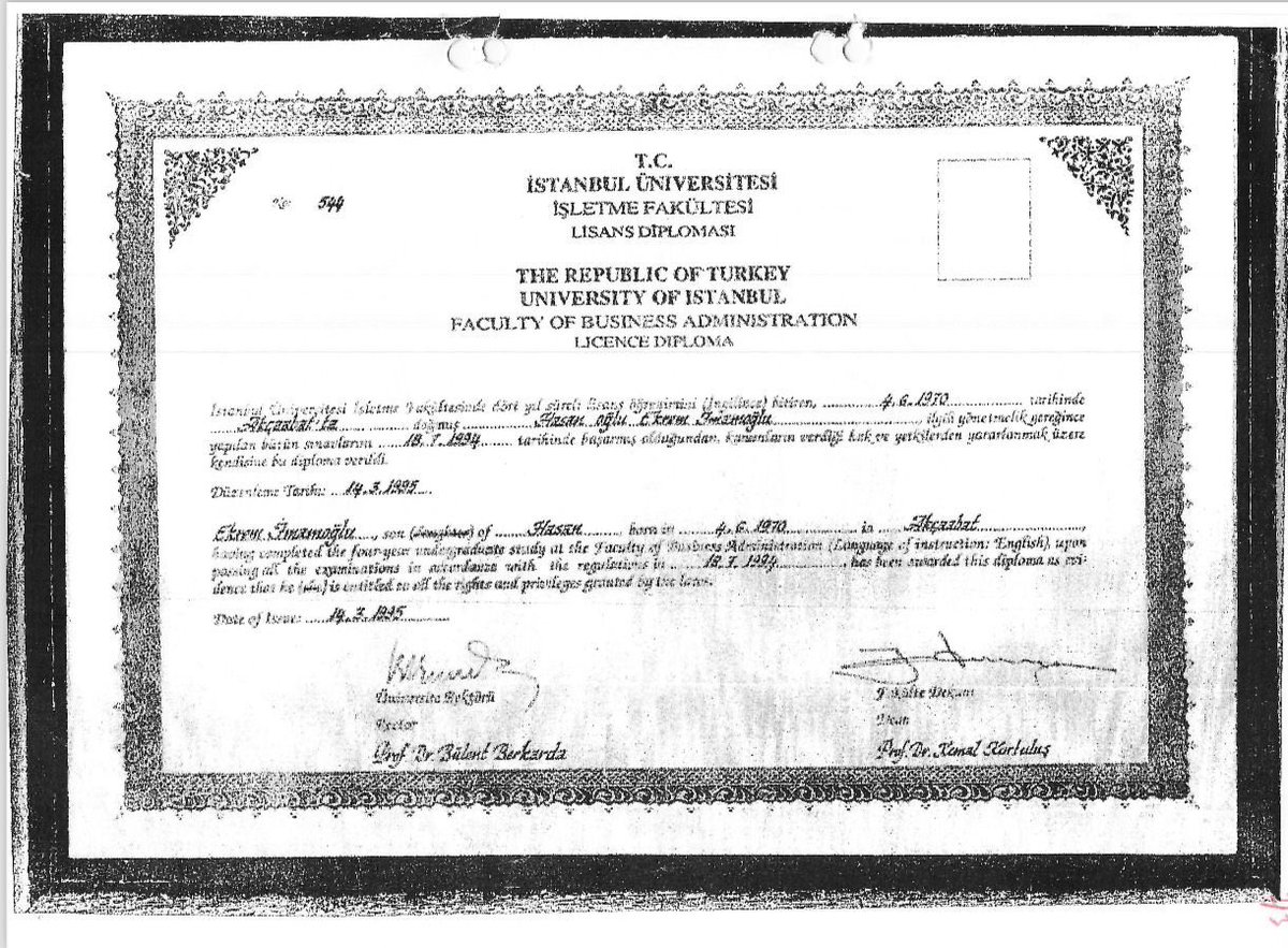 Ekrem İmamoğlu diploma